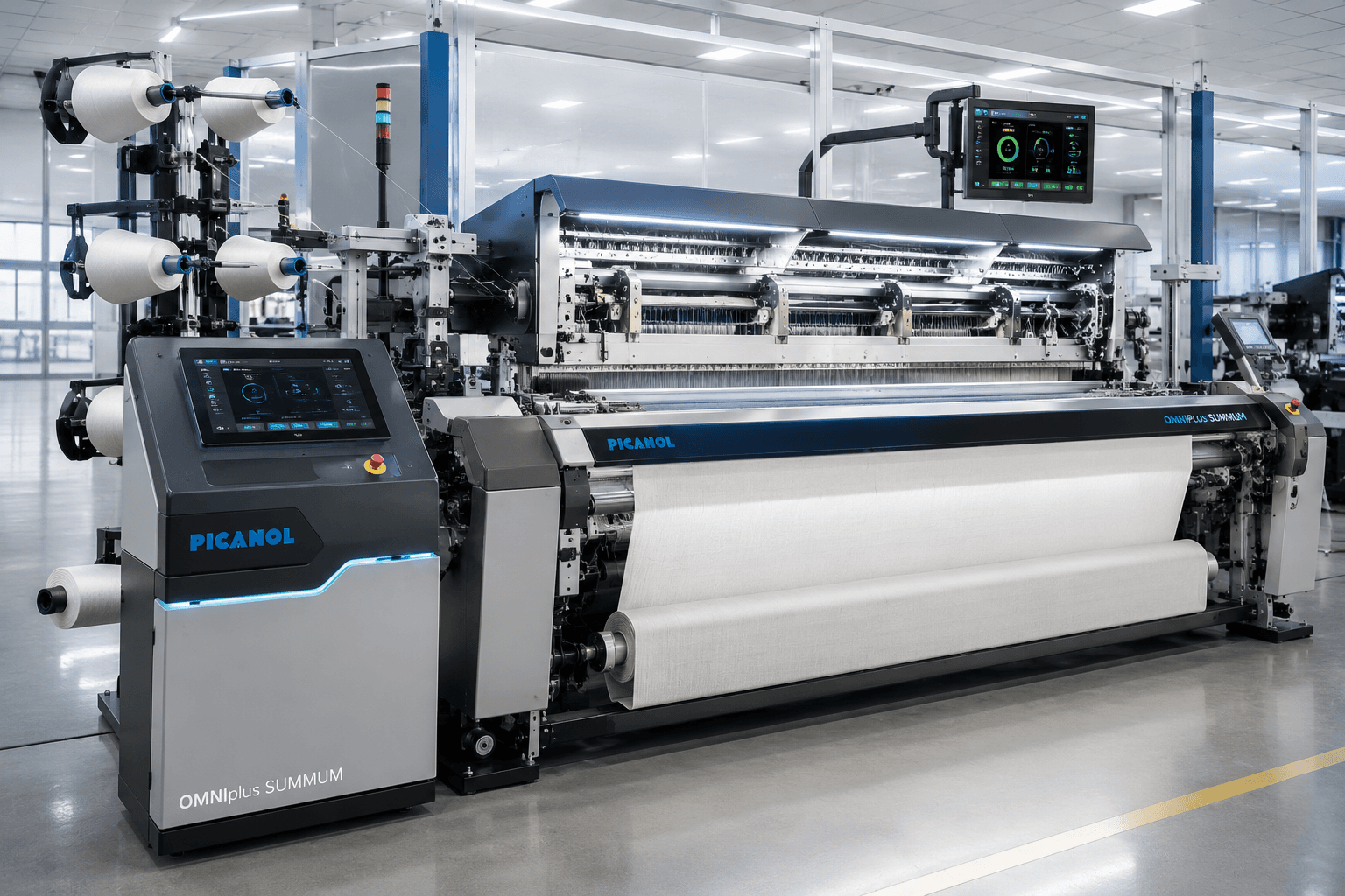 Weaving looms in operation